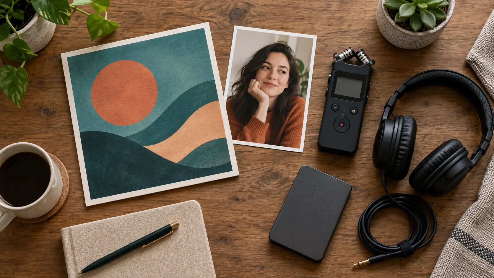 Podcast reference photographs and audio equipment are organized on a pale worktable