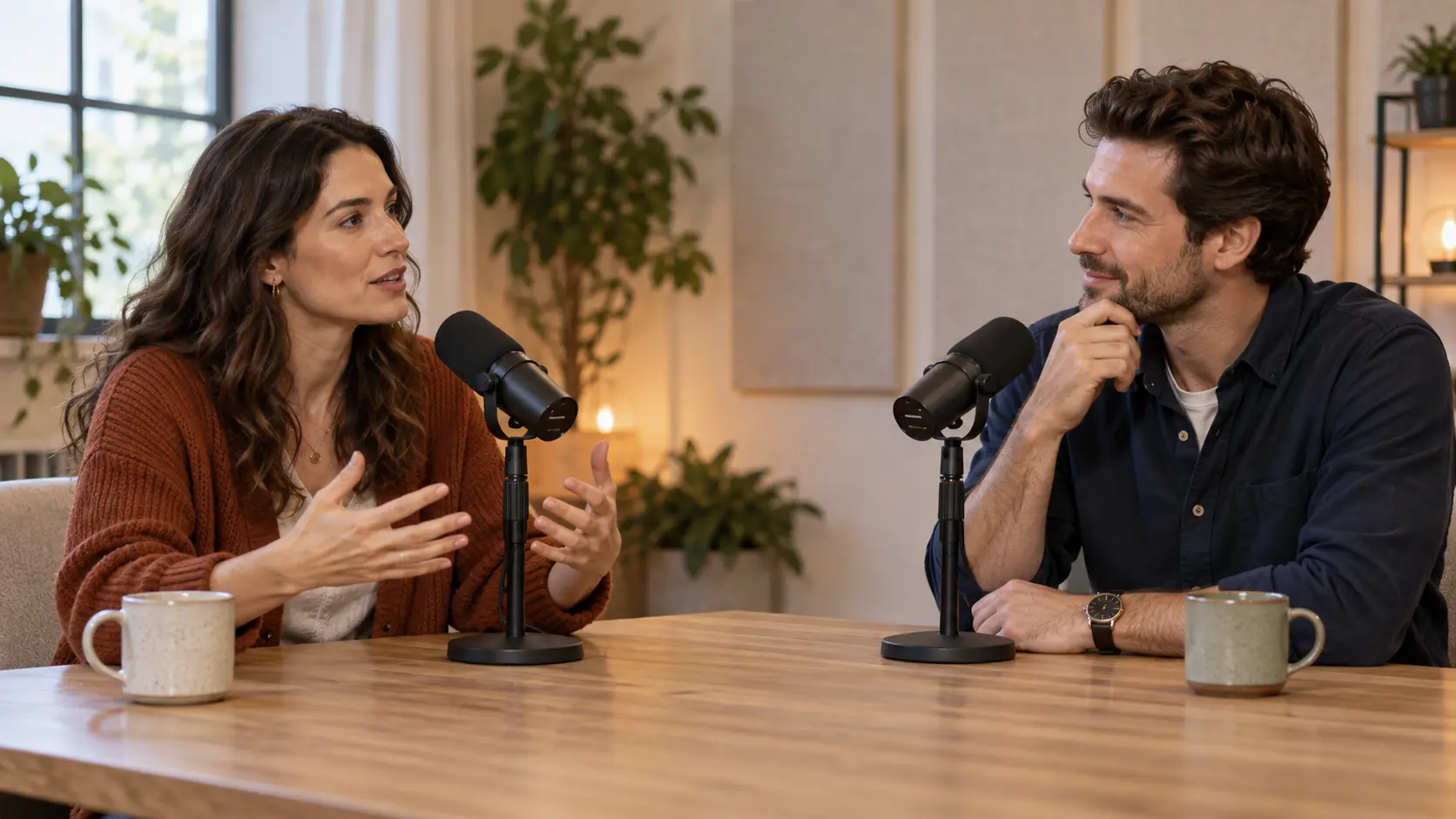 Two adult podcast speakers converse in a bright studio with microphones and warm acoustic panels
