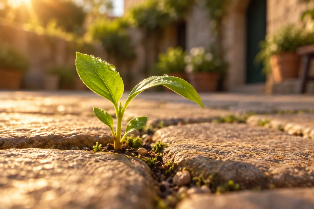 A seedling in warm paving illustrates a nature podcast passage as a cinematic visual clip