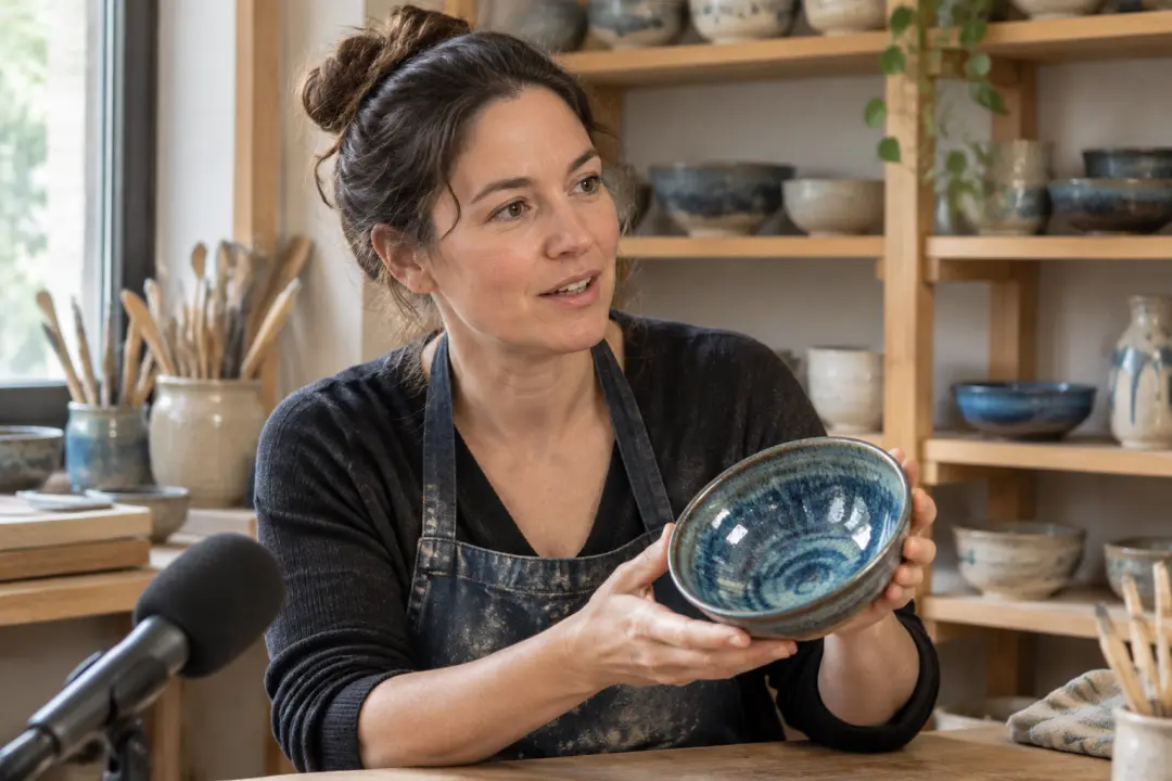 A ceramic artist discusses a blue bowl in a sunlit podcast interview scene