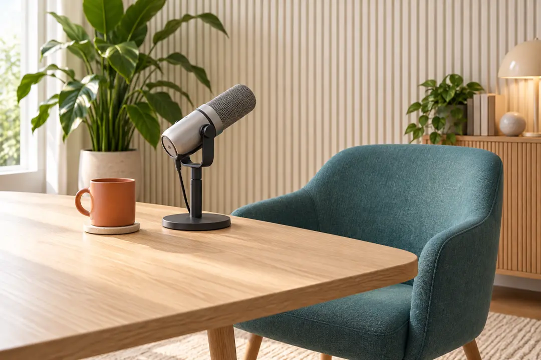 Recurring podcast studio with teal chair, terracotta mug and consistent warm light