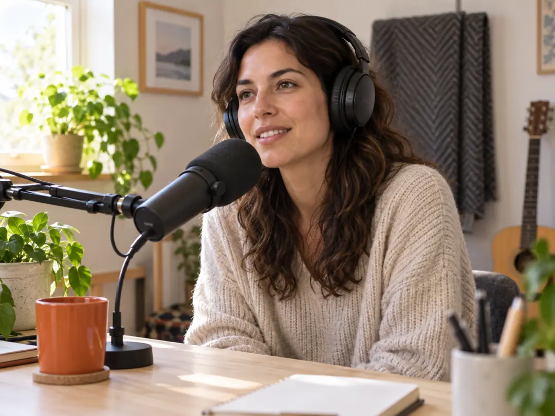 An independent podcaster records an episode in a compact daylight home studio