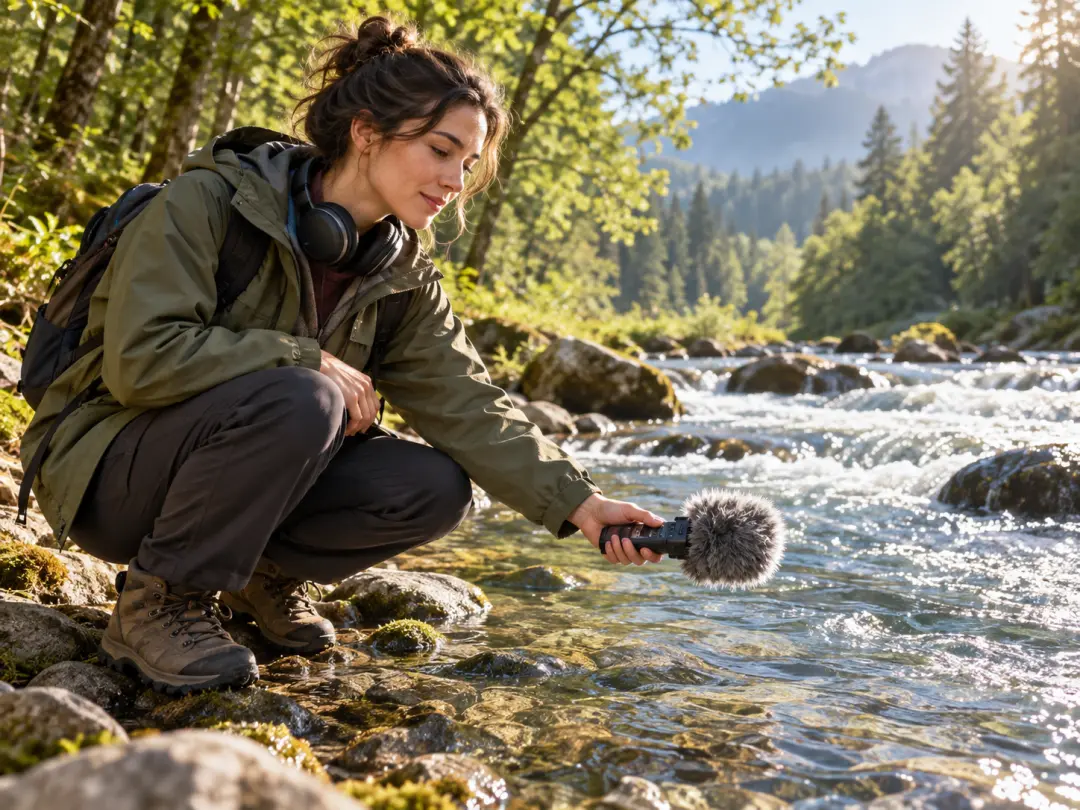An audio storyteller records river ambience for a podcast passage in a bright park