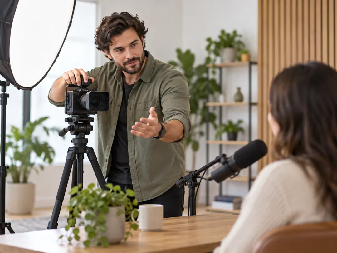 A podcast marketing producer directs a guest portrait during a bright studio shoot