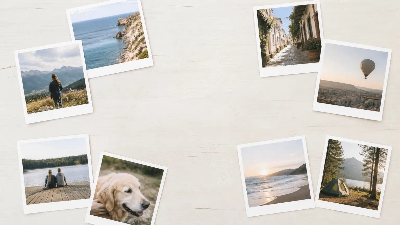 Wide tabletop scene with instant-style photos and open white borders after Polaroid Filter processing
