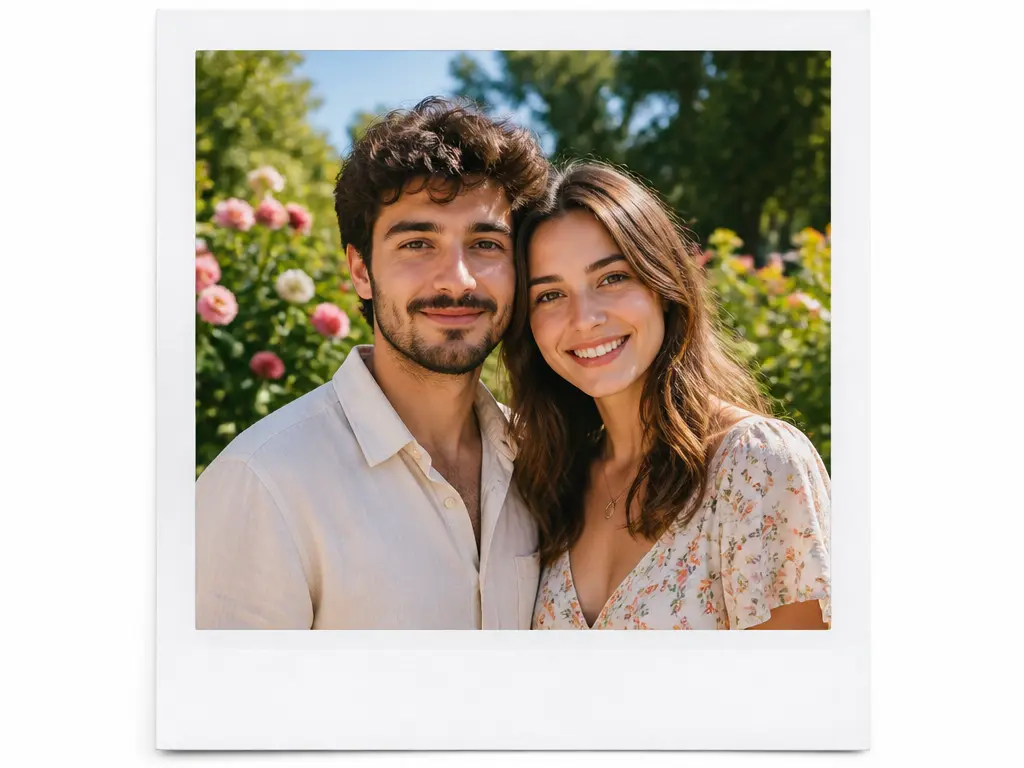 Polaroid Filter keeping a couple centered inside a square instant-photo crop