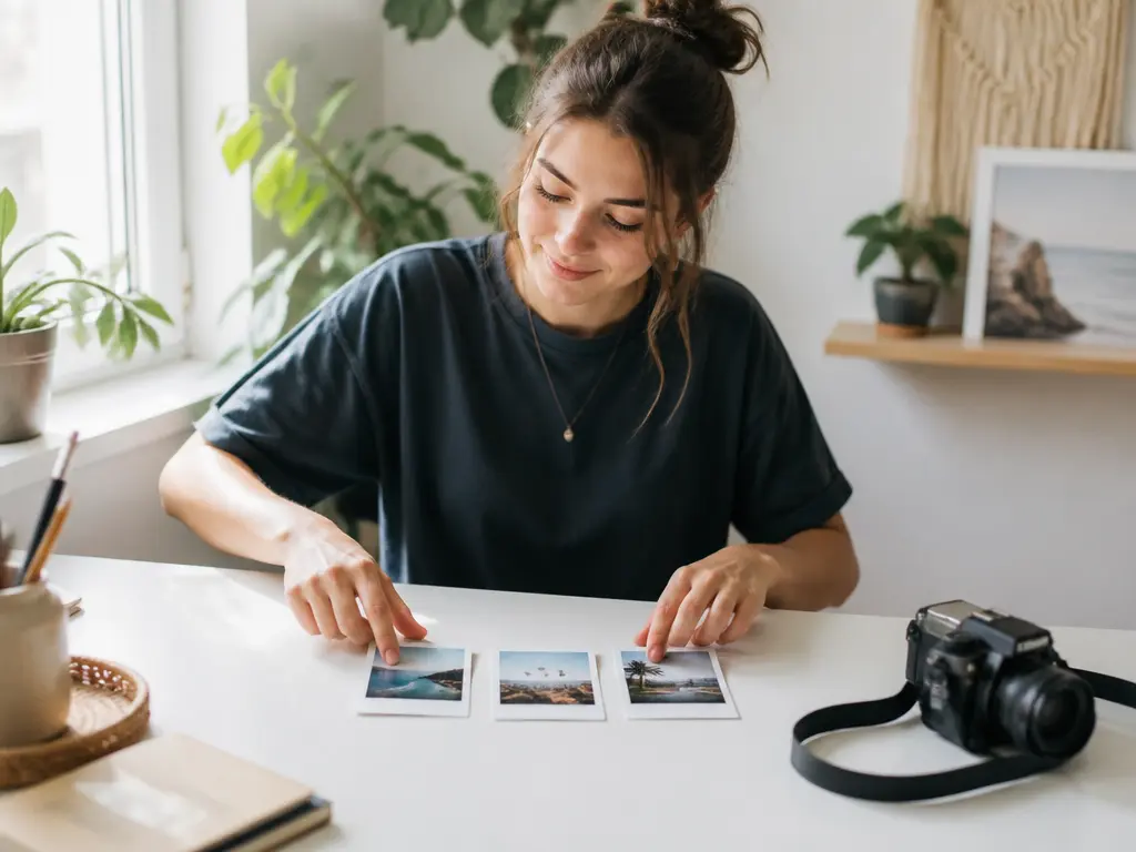 Social media creator arranging Polaroid Filter memories on a desk