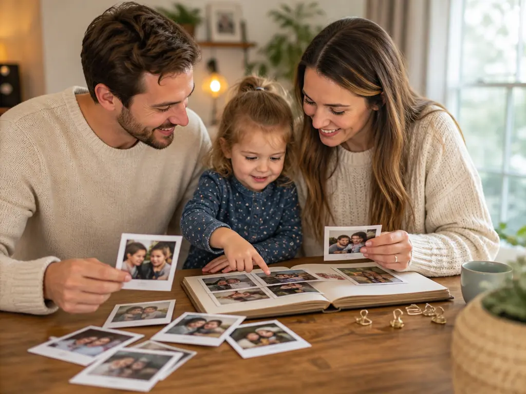 Family reviewing Polaroid Filter keepsakes before placing them in an album