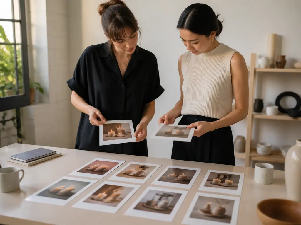 Small brand team reviewing a consistent set of Polaroid Filter product images