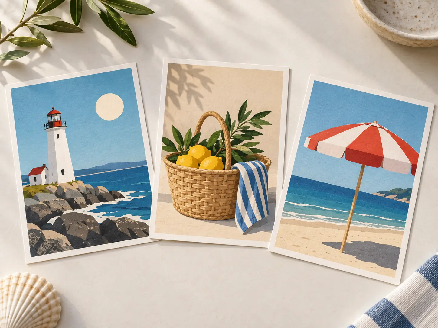 Several postcard prints displayed on a table with one strong focal subject and clear visual hierarchy