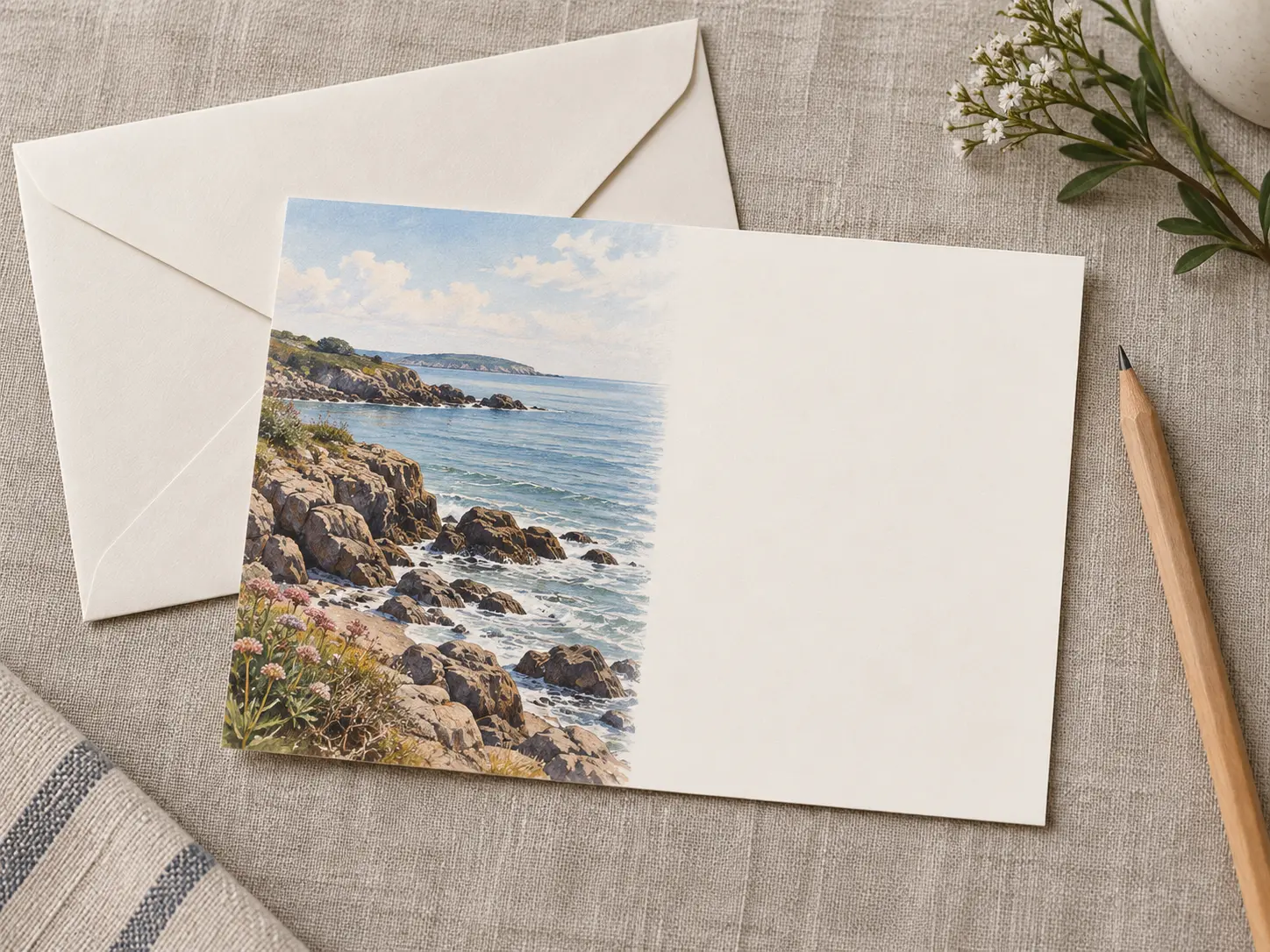 Printed postcard mockup with a calm open margin intended for a handwritten message