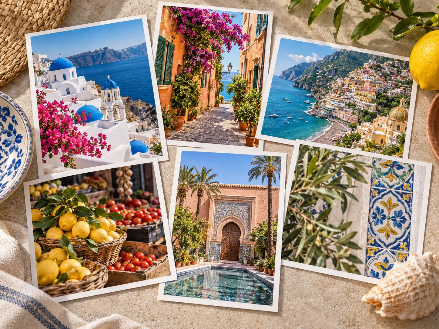 Travel postcard references with coastal architecture, local plants, and regional material colors