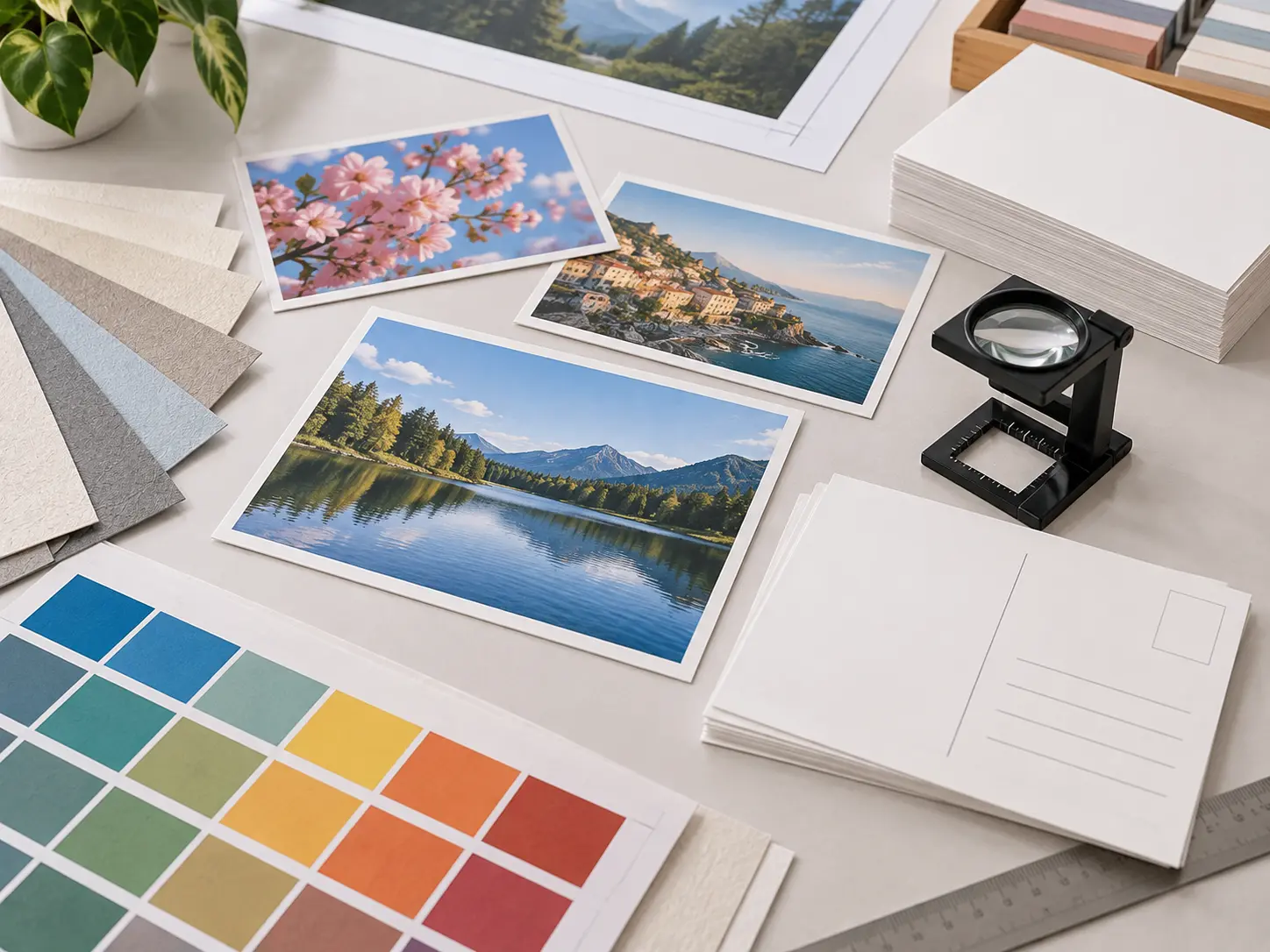 Postcard proofs with trim marks, paper samples, and a magnifier on a clean print studio table