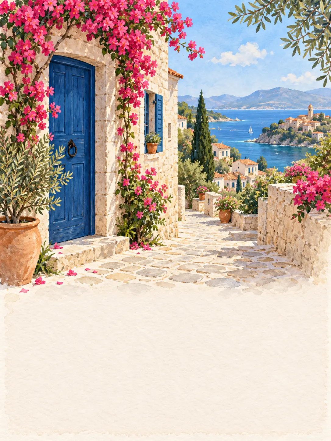 Mediterranean village postcard design with limestone lanes, a blue door, bougainvillea, and open message space