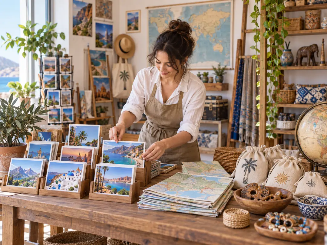 Travel shop owner reviewing printed destination postcards with maps and paper samples