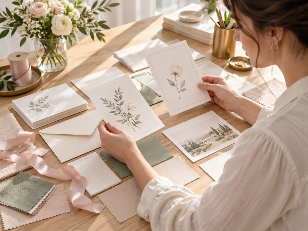 Event planner arranging postcard invitations, envelopes, and printed schedule details on a table