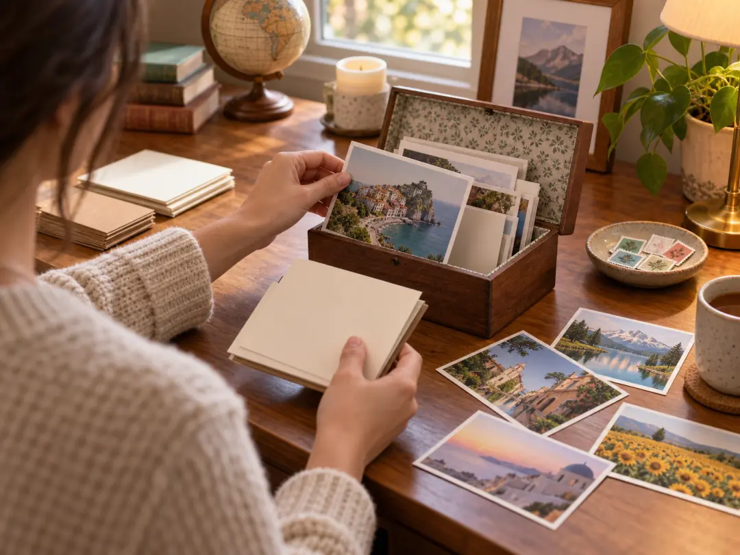 Person sorting personal travel postcards and writing materials in a warm home workspace