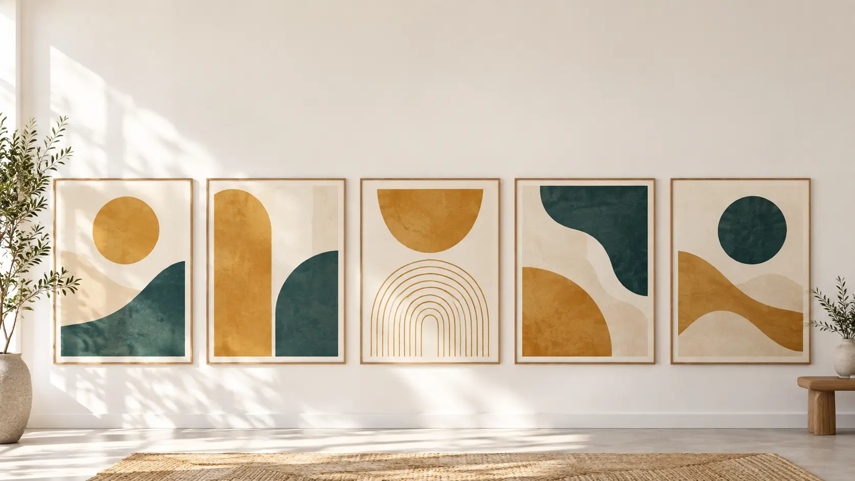 Wide studio wall with warm abstract poster prints and a calm open area for call-to-action copy