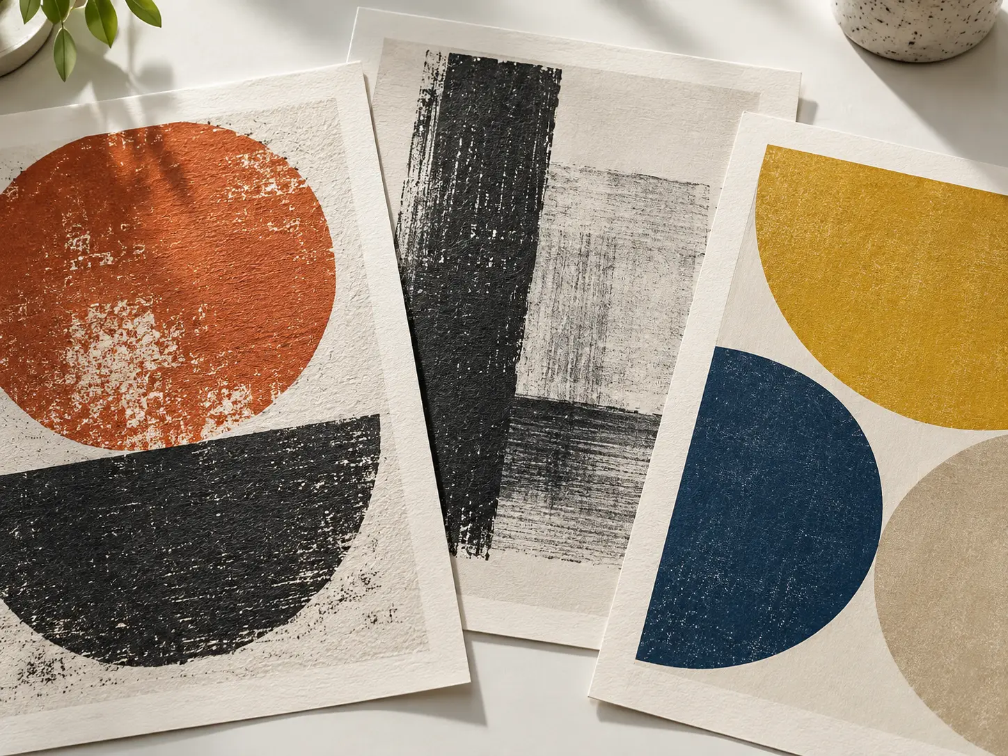 Printed poster proofs showing paper grain, ink texture, and geometric screen-print details
