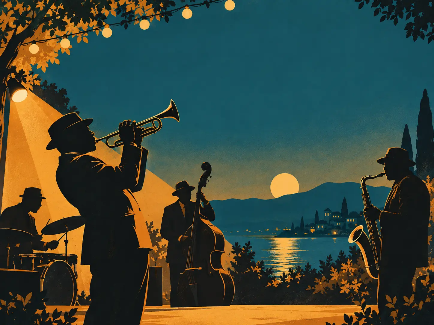 Jazz night poster artwork with a saxophone silhouette, ochre and teal shapes, paper grain, and open title space