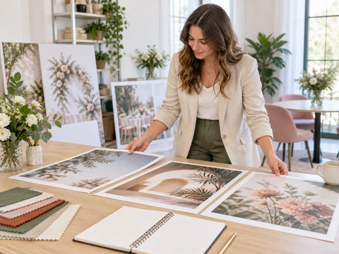Event organizer reviewing poster proofs beside venue notes and a color reference board