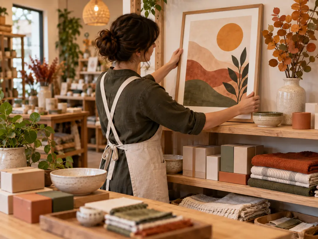 Shop owner arranging a seasonal poster print among product packaging and fabric samples