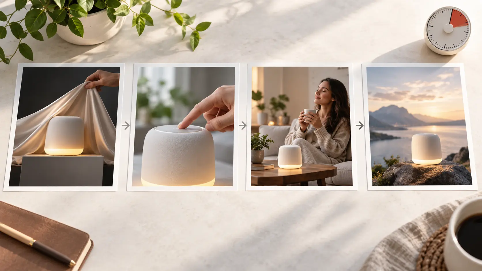 Product storyboard showing an opening product moment, feature demo, and launch close