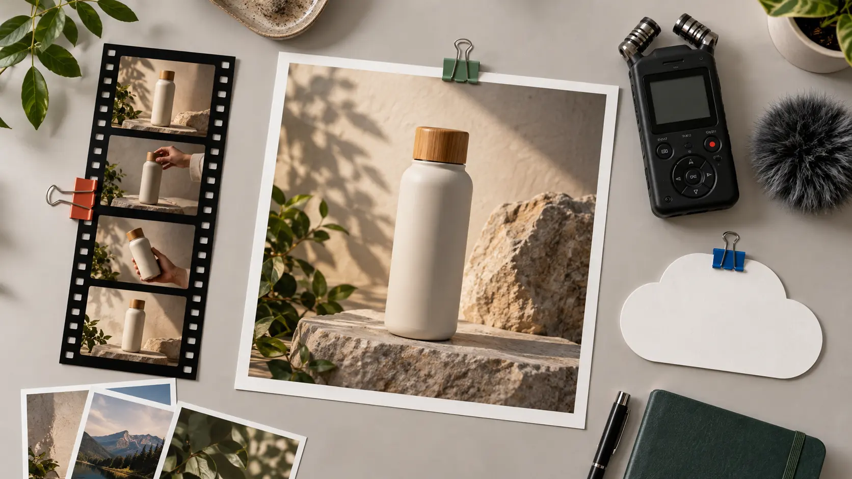 Product images, screen clips, audio note, and logo reference arranged for scene roles