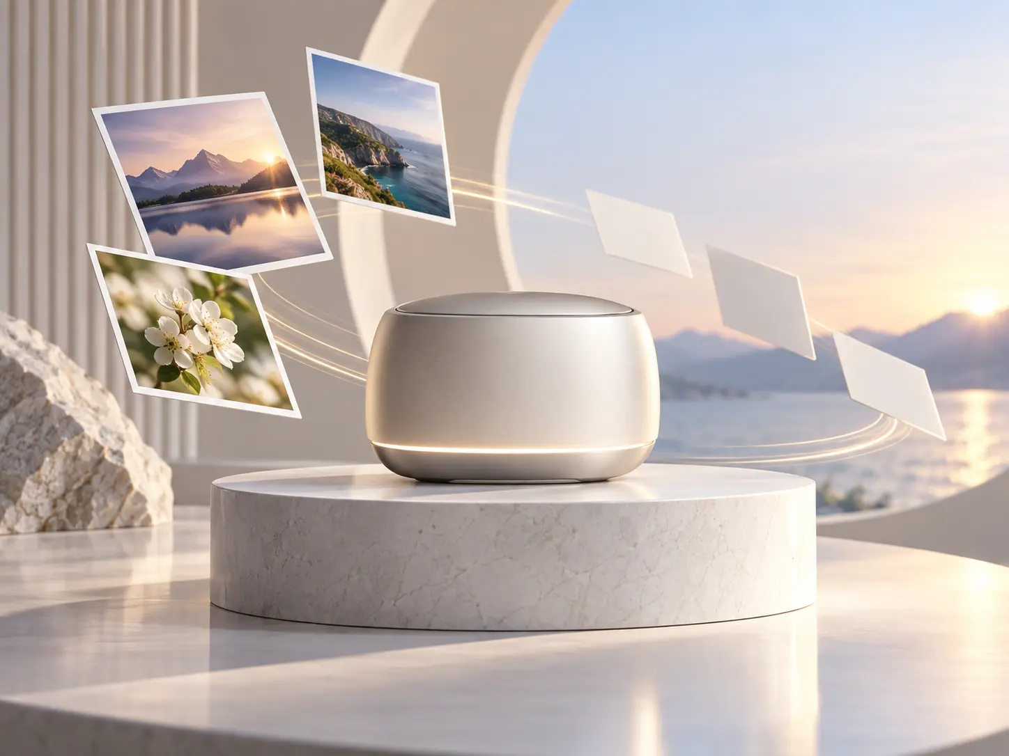 Product launch scene with a new device, logo reference, and bright campaign setting