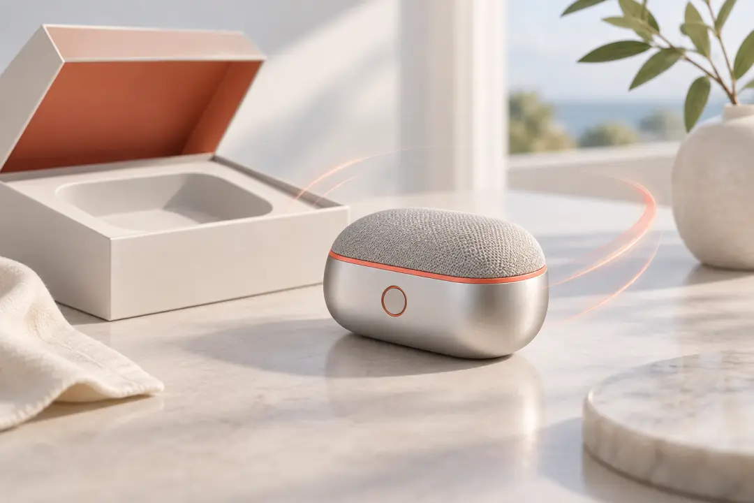 New product launch scene with a sleek device, packaging, and a bright reveal moment