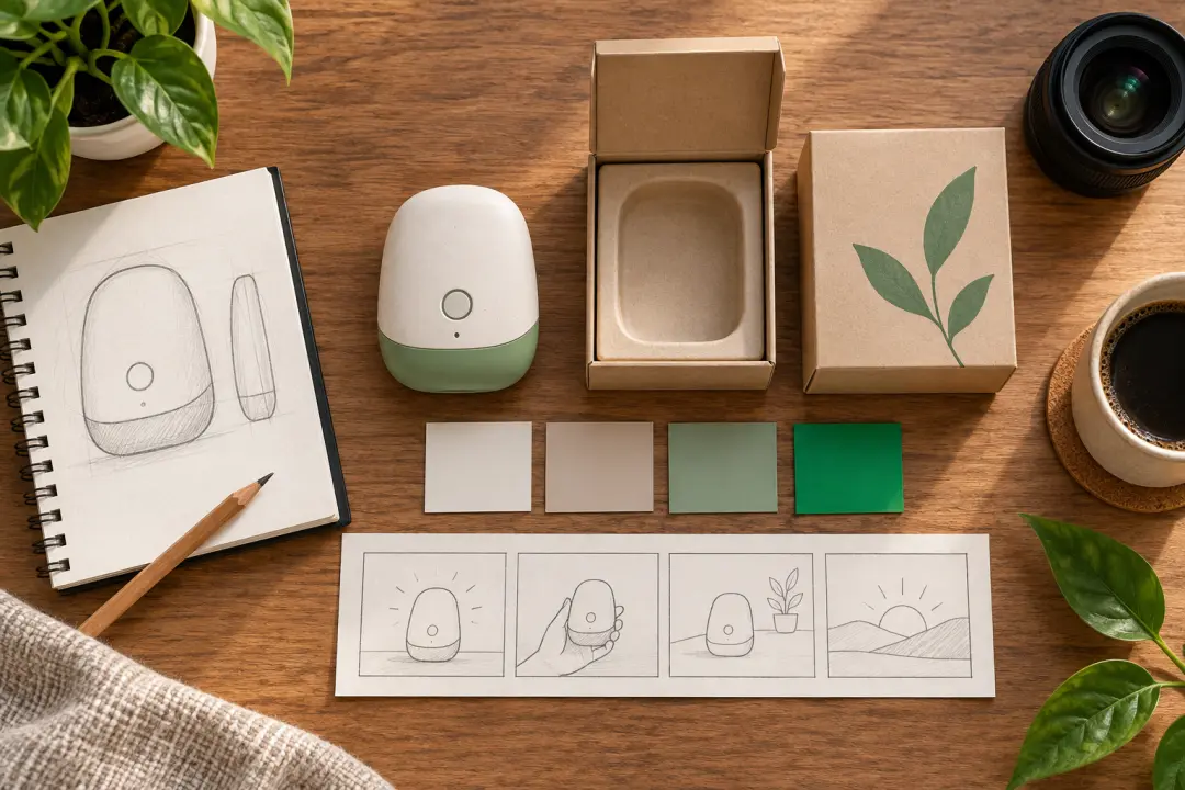 Small startup launch kit with a prototype product, reference cards, and a campaign setup