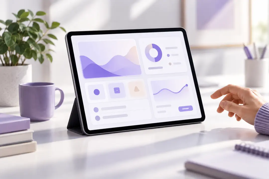 Product interface preview shown on a device beside a focused launch presentation setup