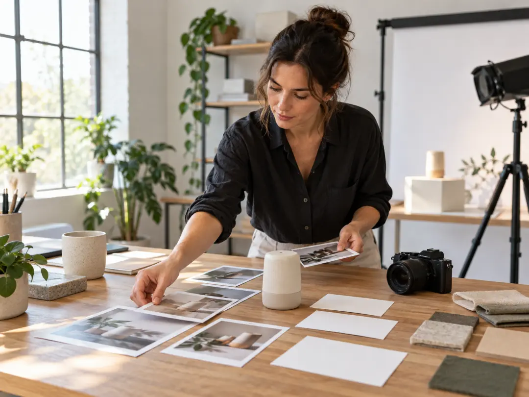 Founder arranging product images, logo reference, and launch message for a first video