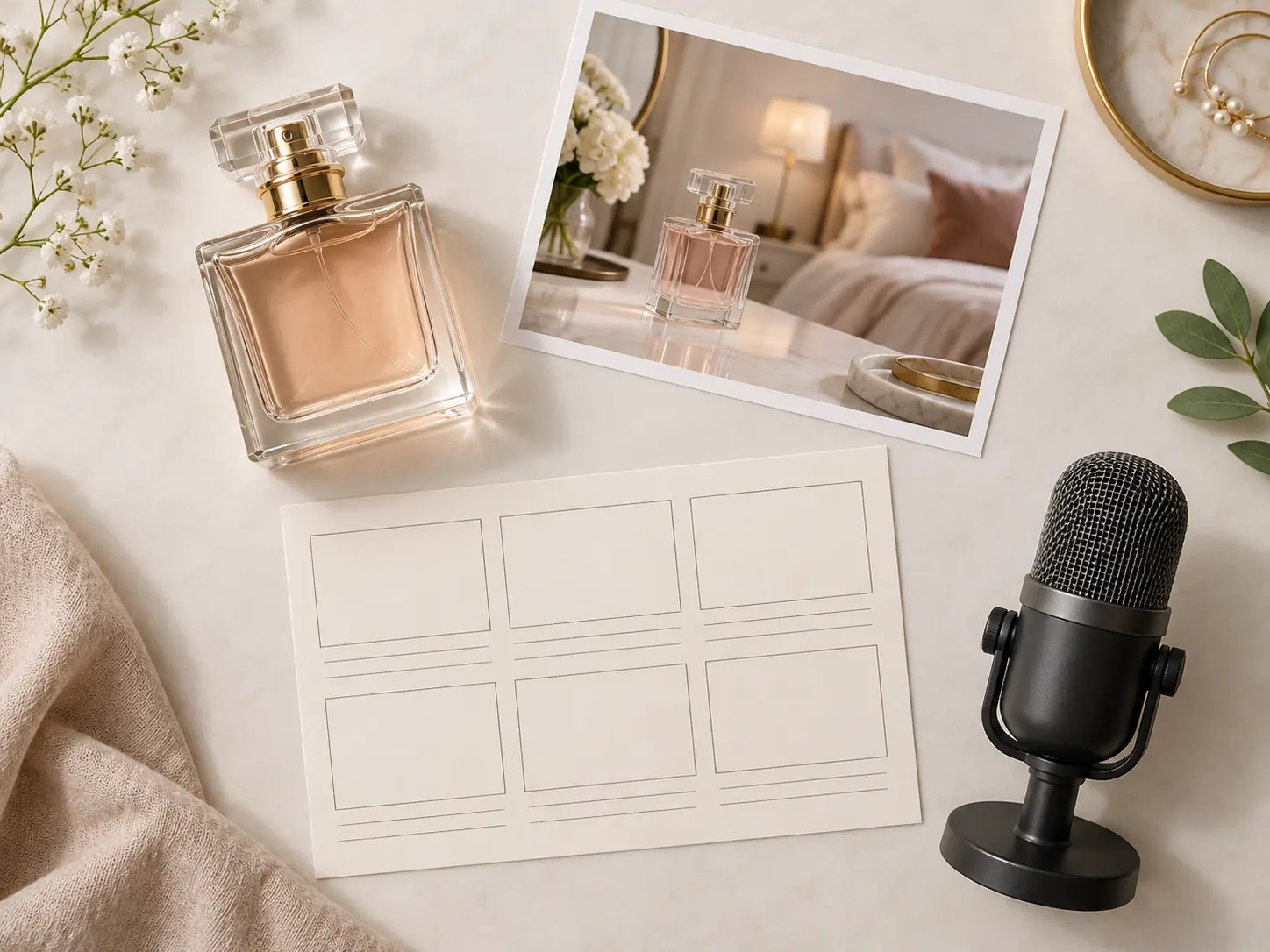 Perfume bottle, photo references, blank storyboard, and microphone on a table