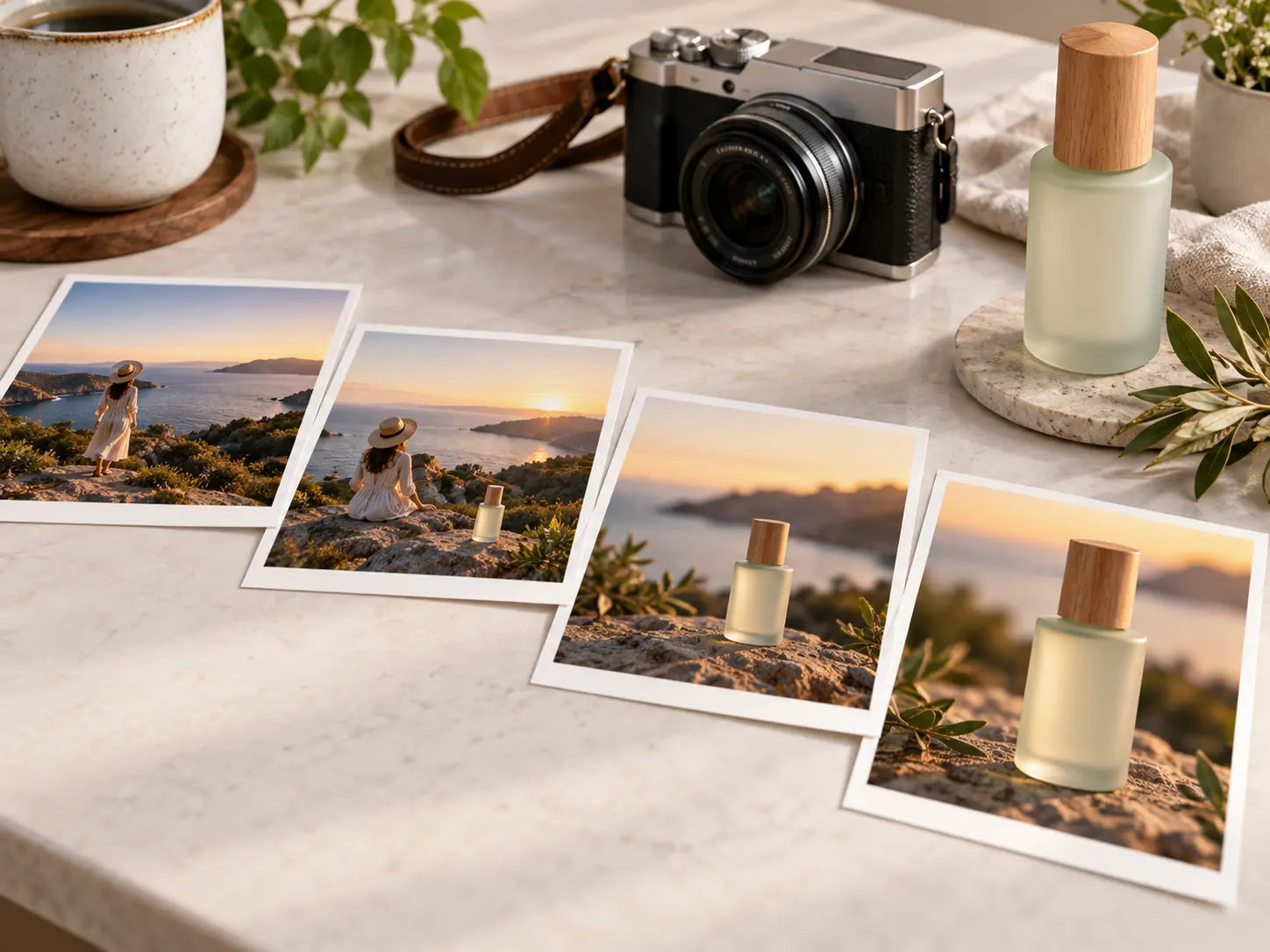 Product photo sequence arranged beside a camera for a promotional shoot