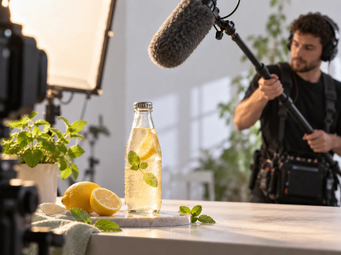Sound operator positioning a microphone above a product video set