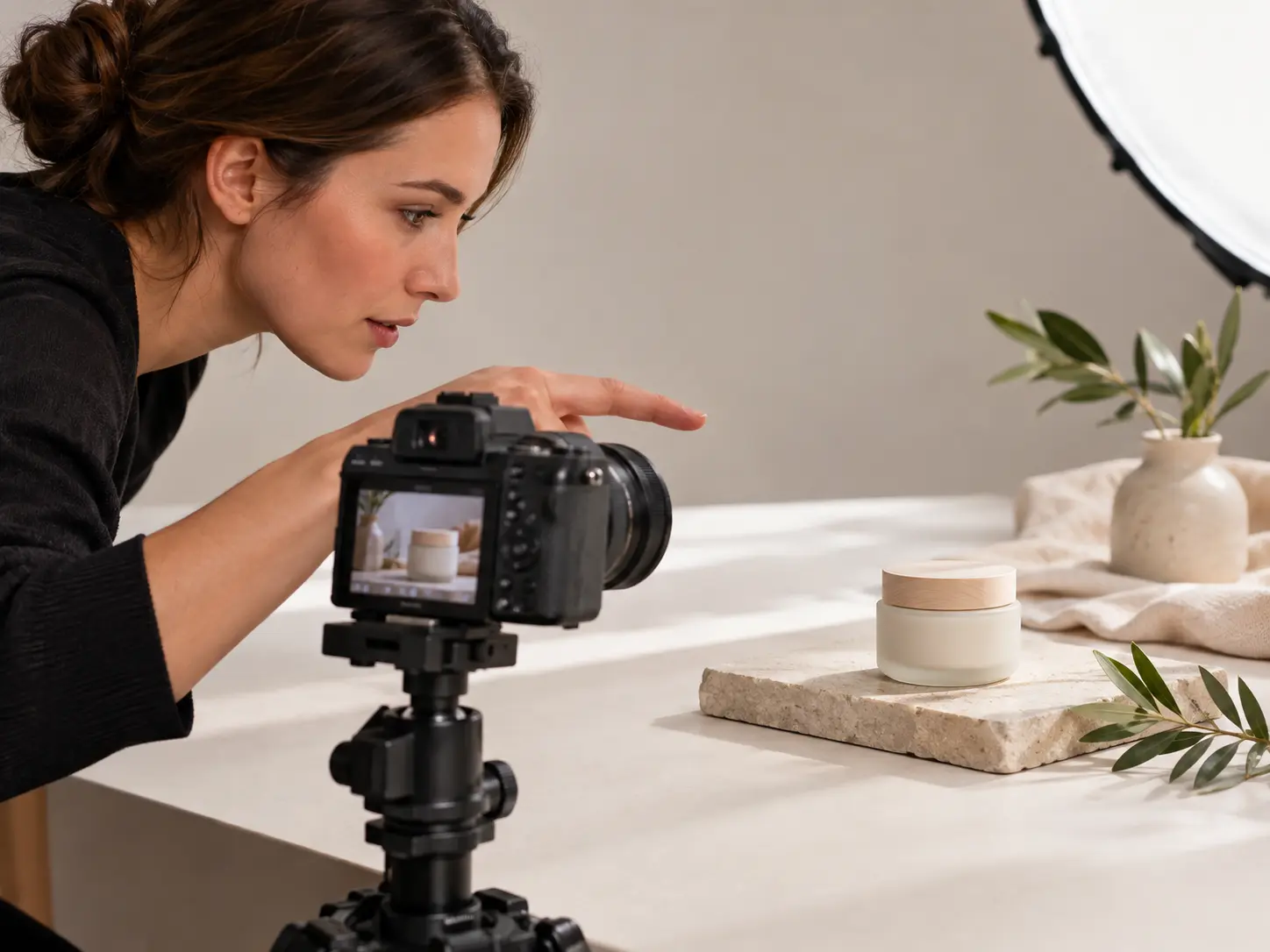 Director adjusting the camera angle on a skincare product scene