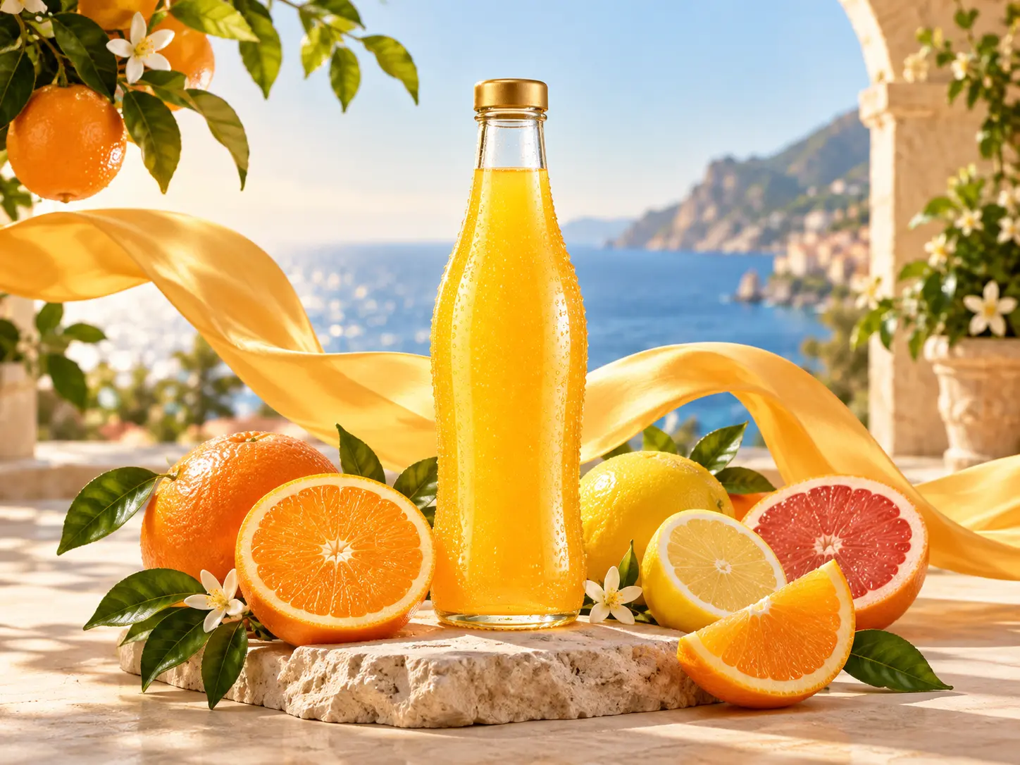 Citrus drink bottle staged with oranges in a bright promotional scene