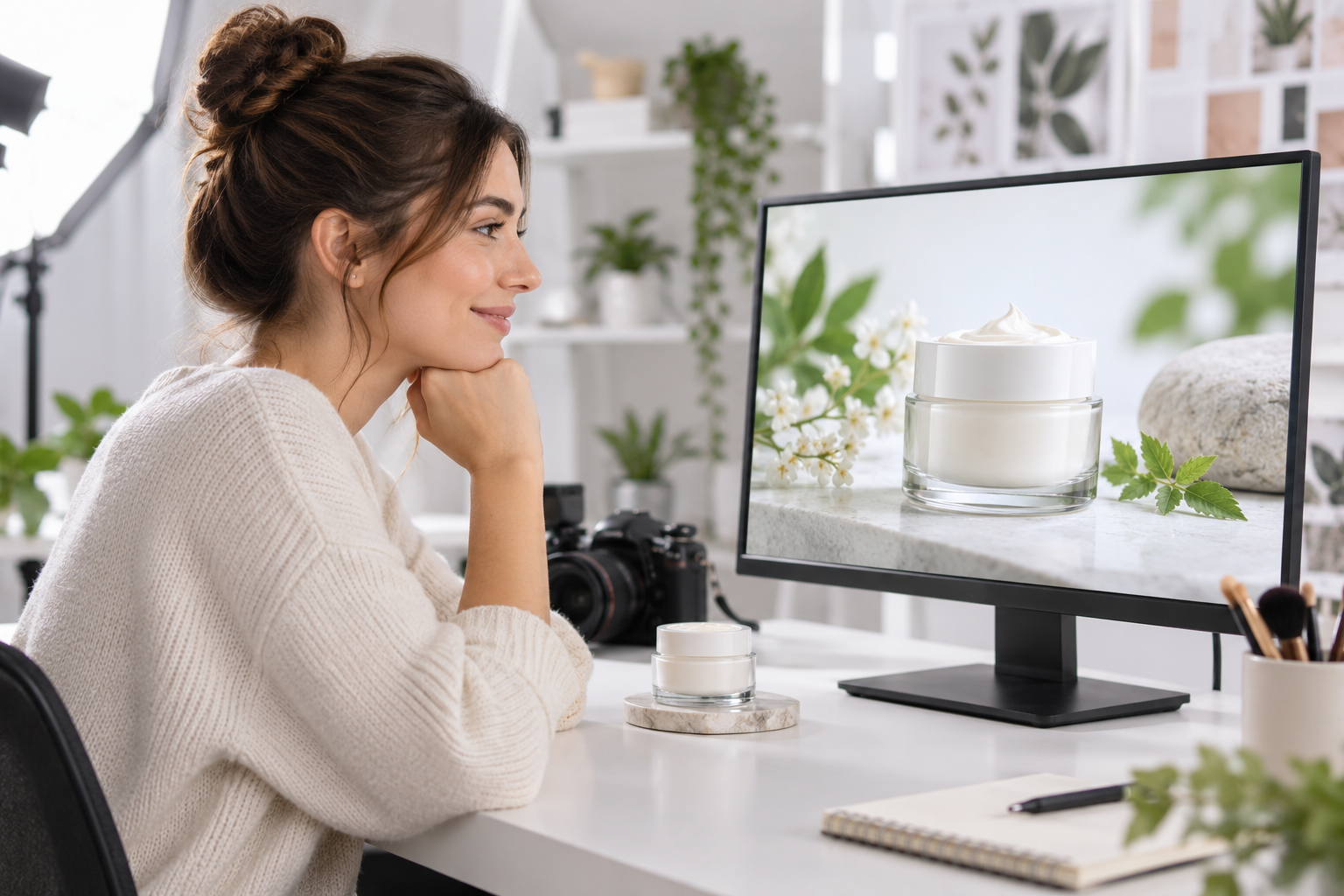 Creator reviewing a finished skincare product scene on a monitor
