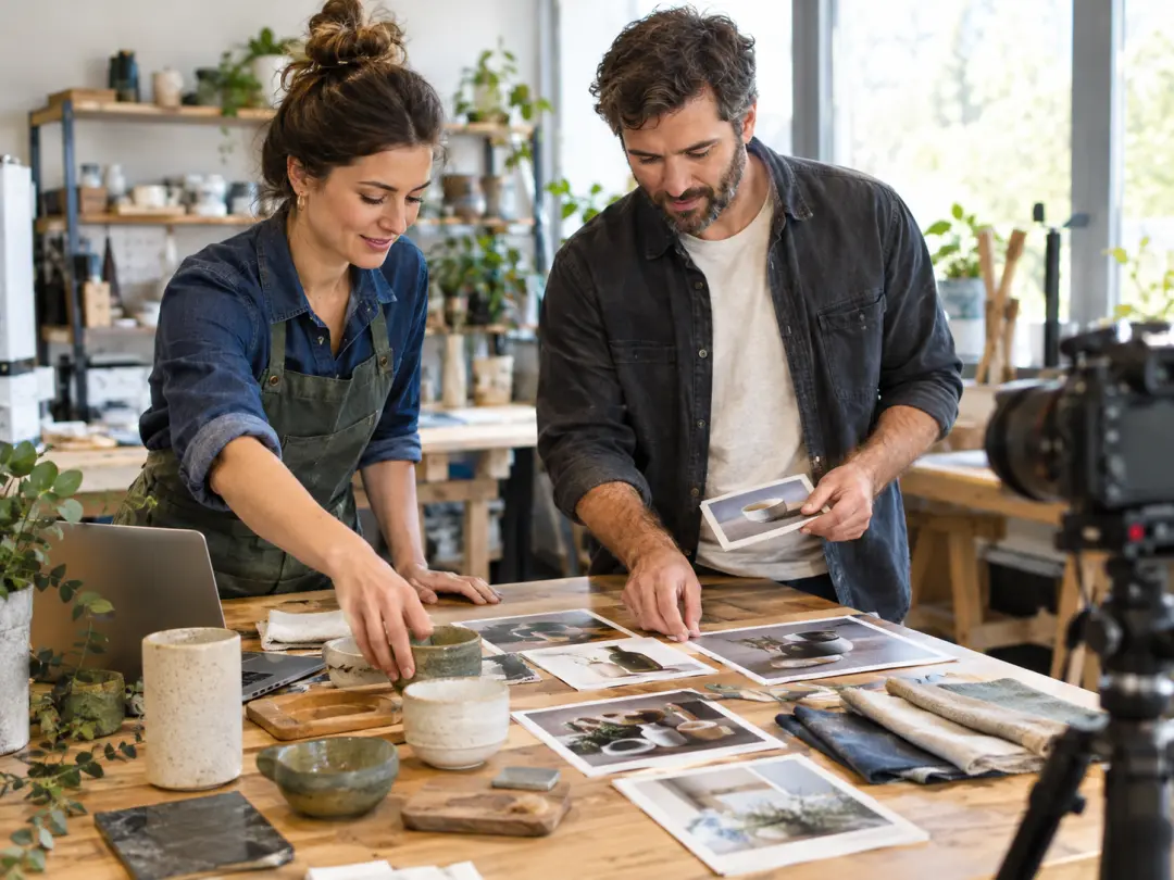 Small business team planning product scenes and a closing message