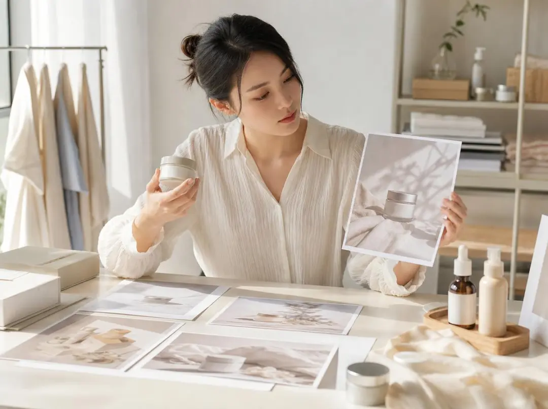 Ecommerce marketer arranging product images, use scenes, and promotion text
