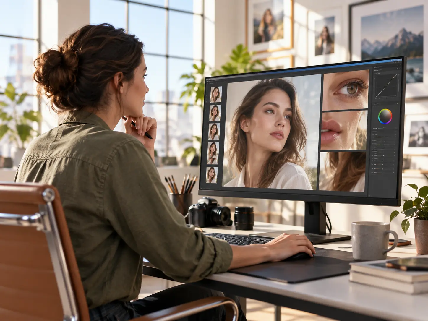 Editor reviewing cleaned frames with clearer faces, edges, and shadows