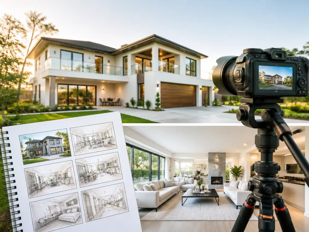 Property exterior, living room, and walkthrough video planning board