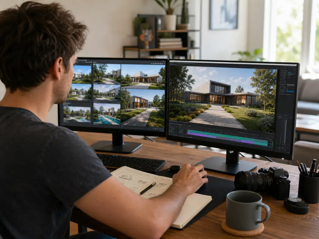 Video creator arranging property scenes and prompt notes for VideoAI