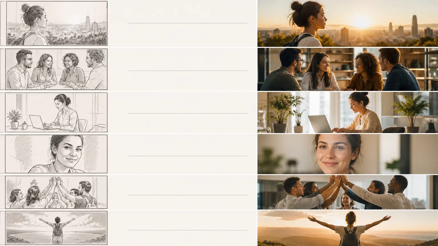 Timed recruitment video storyboard with scene descriptions and visual references