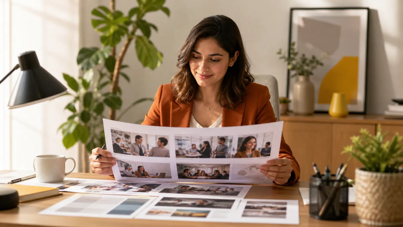 Recruiter reviewing a recruitment video storyboard with candidate scenes and brand references