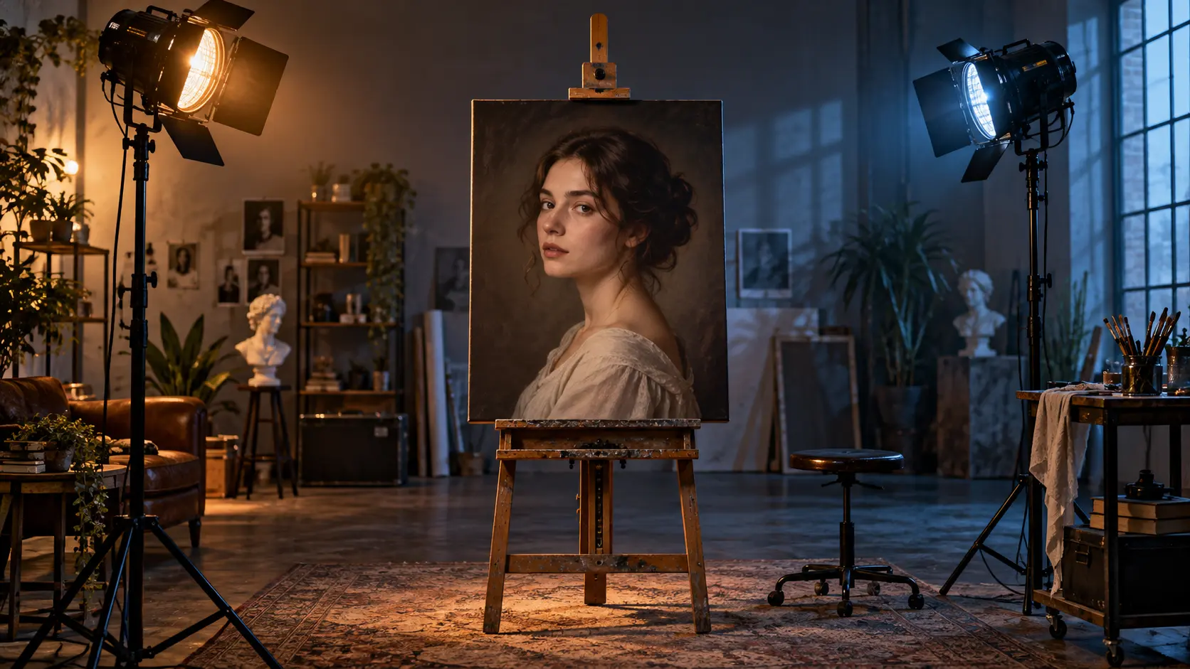 AI relight maker workspace with warm and cool light sources aimed at a portrait print