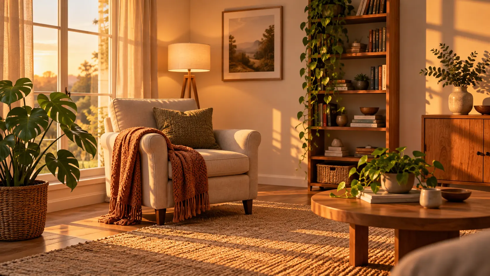 Original chair, plants, and room layout preserved after an AI relight maker lighting change