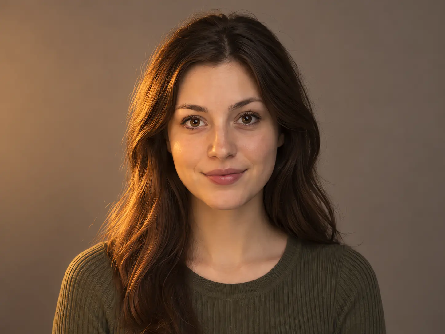 Portrait after relighting, with warm directional light from the side and deeper shadows