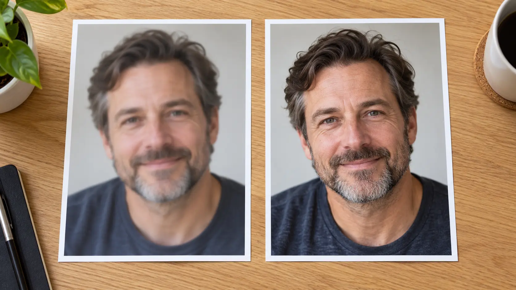 Original and restored portrait prints compared after remove face blur from photo online